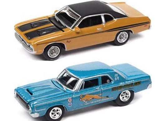 1/64 Mr. Norm's Grand Spaulding Dodge 2-pack:1x 1964 Dodge 330 Tribute, Medium Blue Poly with Mr. Norm & Grand Spaulding Dodge Graphics 1x 1971 Dodge Demon GSS, Butterscotch with Flat Black Roof, Hood Stripes & Side Stripes