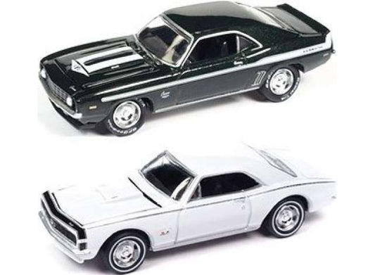 1/64 YENKO 2-pack:1x 1969 Chevrolet Camaro, Fathom Green Poly with White Yenko Hood & Side Stripes1x 1967 Chevrolet Camaro, Gloss White with Black Nose Stripe