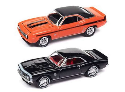 1/64 YENKO 2-pack:1x 1969 Chevrolet Camaro, Hugger Orange with Flat Black Roof & Yenko Hood & Side Stripes 1x 1967 Chevrolet Camaro, Gloss Black with White Nose Stripe