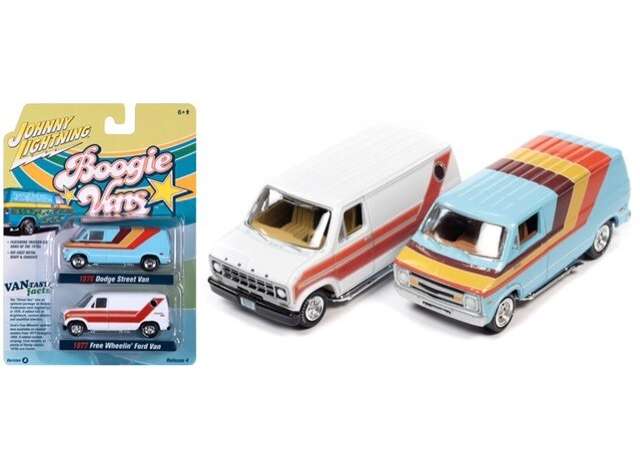 1/64 1x 1976 Dodge Street Van, Light Blue with Red/Orange/Yellow Stripes1x 1977 Ford Cruisin Van, White with Red/Orange Stripes