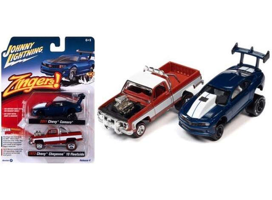 1/64 1x 2011 Chevrolet Camaro, Blue Metallic1x 1973 Chevrolet Cheyenne, Flame Red with White Stripe