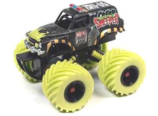 1/64 Johnny Lightning Monster Truck Creep Sweeper Zombie Response Unit, Flat Black Green & Red with Red & Green Tires