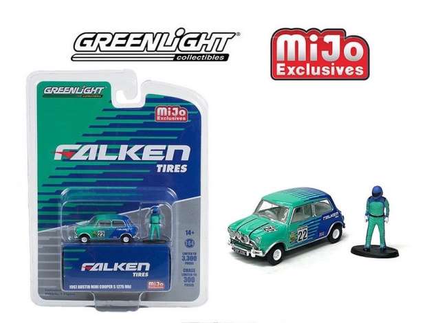 1/64 1967 Austin Mini Cooper S 1275 MKI #22 *Falken Tires* including a race car figure, green/blue