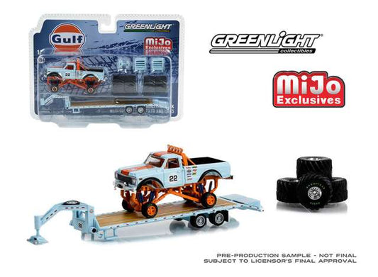 1/64 1972 Chevrolet K-10 Monster Truck with Gooseneck Trailer & Tires *Gulf Racing #22*, gulf blue/orange