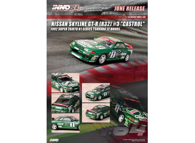 Preorder - August 2023 - 1/64 1992 Nissan Skyline GT-R (R32) #3 Castrol Super Taikyu N1 Series Tsukuba 12 Hours, green